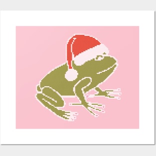 White Line Knitted Frog Wearing Christmas Santa Hat Posters and Art